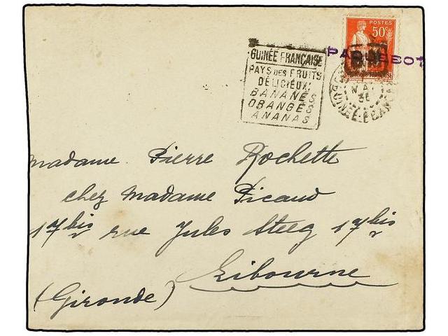 GUINEA FRANCESA. 1936. GUINEA A FRANCIA. Circulada Con Sello Francés De 50 Cts. Rojo, Habilitado B.M. Y Mat. Lineal PAQU - Autres & Non Classés