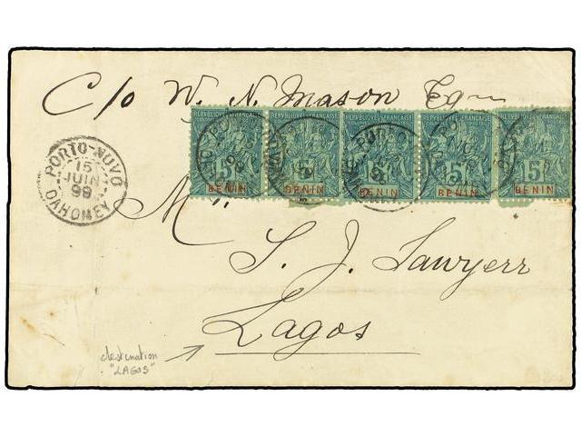 BENIN. 1899 (June 15). Cover To Lagos, Nigeria Franked By Benin 1894 5c. Green On Greenish, Strip Of Five, All Tied By ´ - Autres & Non Classés