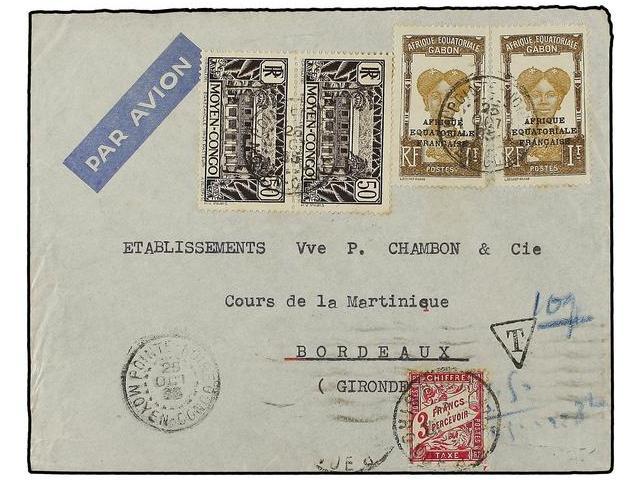 CONGO FRANCES. 1935. POINTE NOIRE A FRANCIA. 50 Cts. (2) Y 1 Fr. (2) (Gabon), Tasada A La Llegada Con Sello Francés De 3 - Autres & Non Classés