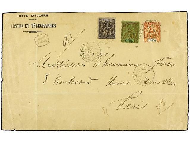 COSTA DE MARFIL. 1903 (Oct 31). Posts & Telegraphs Envelope Sent Registered To Paris Bearing 1892 10c. Black On Lavender - Autres & Non Classés