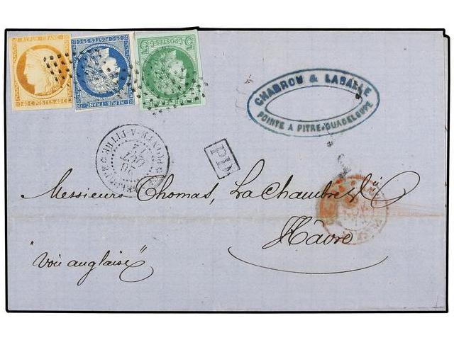 GUADALUPE. 1872 (Oct 26). Cover From Pointe A Pitre To Le Havre With Delightful Three Colour Franking Of 1871 40c Orange - Autres & Non Classés