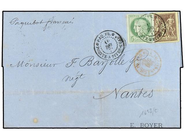 GUADALUPE. 1879. Envelope To France Bearing French General Colonies Ceres 5 Cents Green (Yvert 17) Mixed With Type Sage - Autres & Non Classés