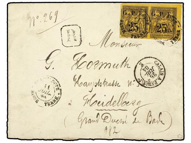 GUADALUPE. 1884 (July 11). Cover Sent Registered To HEIDELBERG (Baden) Franked By Imperforate Pair Of Provisional 1884 2 - Autres & Non Classés