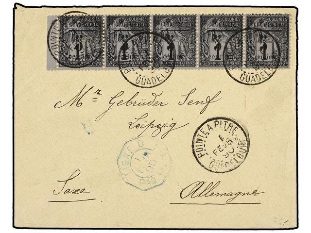 GUADALUPE. Yv.6 (5). 1890. POINTE A PITRE To JAMAICA. 5 Cts. S. 1 Cto. Black, Strip Of Five With POINTE A PITRE/GUADALUP - Autres & Non Classés