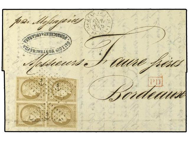 INDIA FRANCESA. 1875. POINDICHERY A BORDEAUX. 30 Cts. Castaño Bloque De Cuatro (doblez De Archivo). Mat. ANCLA Y Fechado - Autres & Non Classés