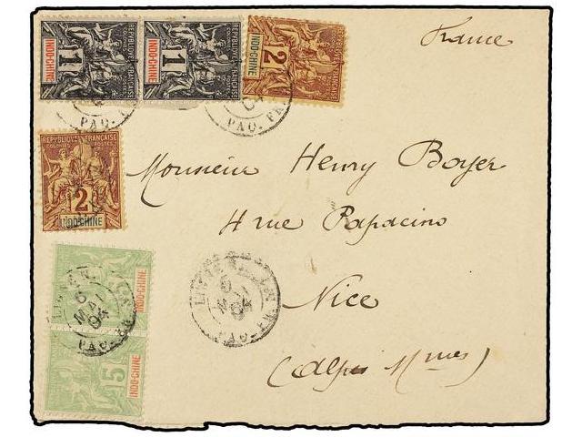 INDOCHINA FRANCESA. 1904. Cover Bearing Sage Type 1 C. (x2), 2 C. (x2) & 5 C. Pair (Sc 3, 4, 6) Tied By LIGNE N 5 MAI PA - Autres & Non Classés