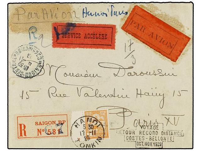 INDOCHINA FRANCESA. 1929. HANOI To PARÍS. FIRST FLIGHT Cover With VOYAGE/REOTUR RECORD DISTANCE/COSTES-BELLONTE/OCT-NOV. - Autres & Non Classés