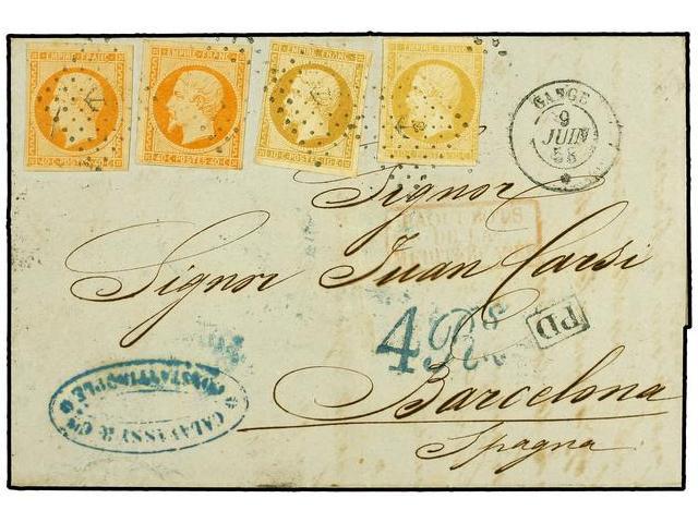 LEVANTE: CORREO FRANCES. 1858 (June 9). Cover From CONSTANTINOPLE To BARCELONA Franked By 1853 10c. Bistre Brown (2) And - Autres & Non Classés