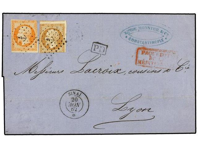 LEVANTE: CORREO FRANCES. 1862. CONSTANTINOPLA A LYON. 10 Cts. Bistre Y 40 Cts. Naranja. Mat. ANCLA Y Fechador SINAÏ/* (S - Autres & Non Classés