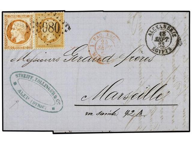 LEVANTE: CORREO FRANCES. Ce.21+23. 1863 (Sept 18). Entire Letter From ALEP (Syria) To MARSEILLE Franked By France 1862 1 - Autres & Non Classés