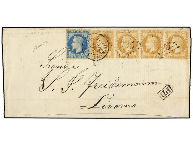 LEVANTE. 1869. SALONICA A LIVORNO. 10 Cts. Bistre (4) Y 20 Cts. Azul. Mat. Rombo De Puntos ´5095´ Y Fechador ITALIE/1 SA - Altri & Non Classificati