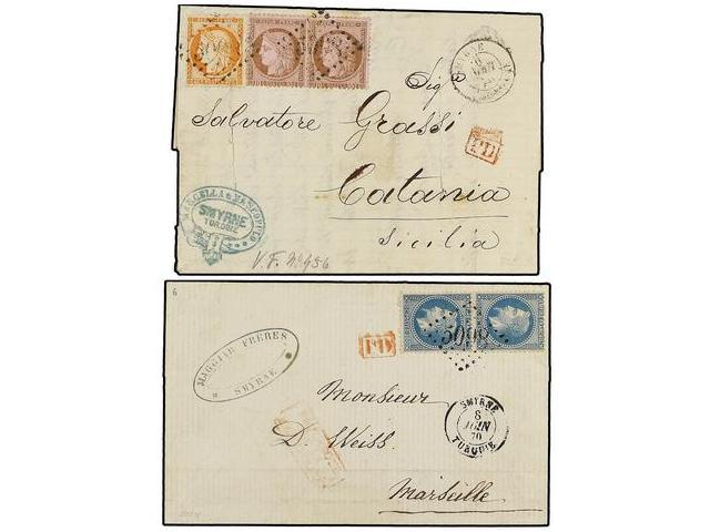 LEVANTE. 1870-75. 2 Cartas Con Franqueos De 20+20 Cts. Y 10+10+40 Cts. (cortes De Desinfeccion) Mat. 5098 De SMYRNA. - Autres & Non Classés