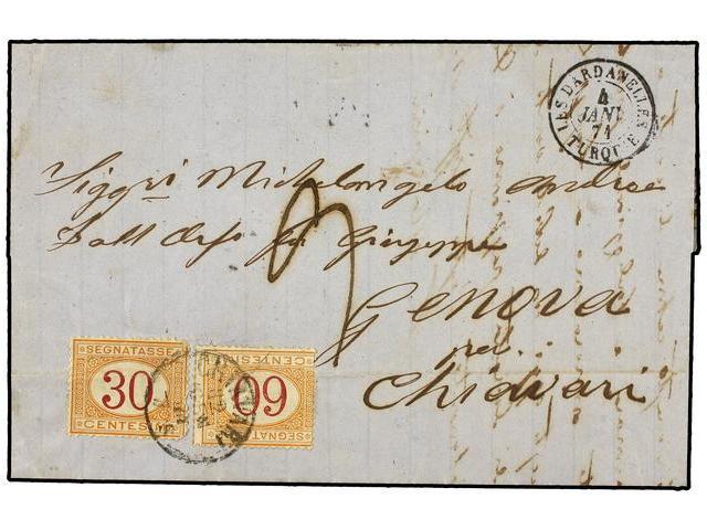 LEVANTE: CORREO FRANCES. 1871. DARDANELLI To GENOA. LES DARDANELLES/TURQUIE French Cds. On Arrival Taxed 90 Cts. Paid Wi - Autres & Non Classés
