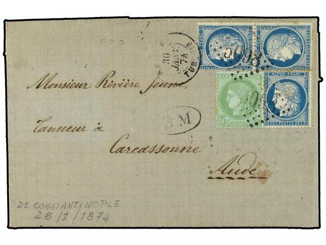 LEVANTE: CORREO FRANCES. 1874. CONSTANTINOPLE A CARCASSONE. 5 Cts. Verde, 25 Cts. Azul (3). Mat. GP 5098 Y Fechador SMYR - Autres & Non Classés