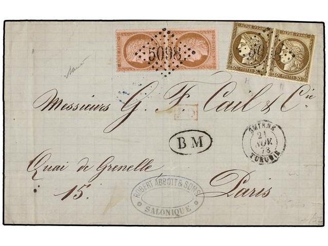 LEVANTE. 1878. SALONICA A FRANCIA. 10 Cts. Castaño Rosa (2). 30 Cts. Castaño (2). Mat. Rombo De Puntos ´5098´ Y Fechador - Autres & Non Classés