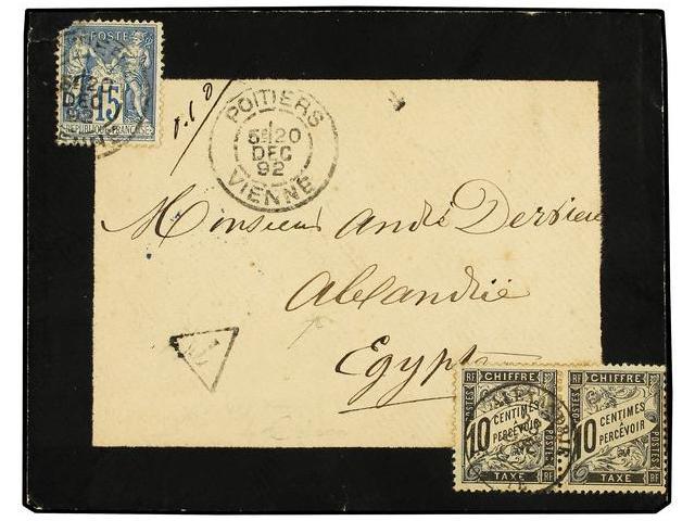 LEVANTE: CORREO FRANCES. 1892 (Dec 20). Mourning Cover To ALEXANDRIA (Egypt) With Defective Type Sage 15c. Blue (corner - Autres & Non Classés