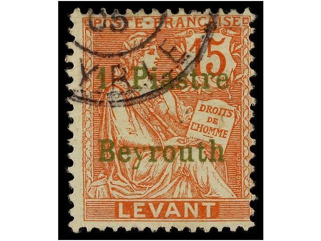 ° LEVANTE: CORREO FRANCES. Yv.27. 1905. 1 Pi. S. 15 Cts. Naranja. Bonito Ejemplar En Usado. F. E. Diena. Yvert.350&euro; - Autres & Non Classés