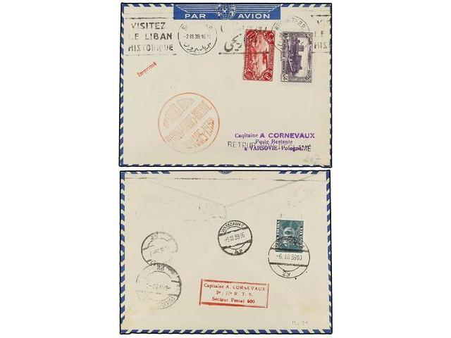 LIBANO. 1939 (3-III). BEYROUTH A POLAND. 3 P. Rojo, 10 P. Lila, Marca 1er. SERVICE AERIEN/BEYROUTH-ATHENES-VARSOVIE/3-MA - Autres & Non Classés