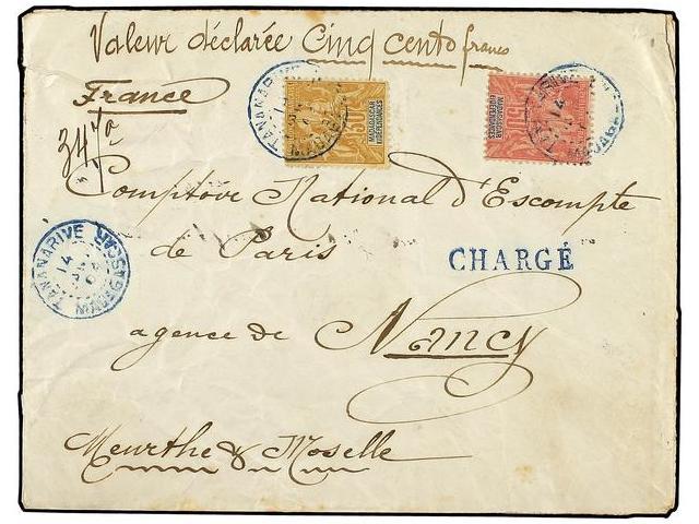 MADAGASCAR. 1904. Registered And Charged Mail To France Bearing 30 Cent Bistre (Yvert 36) And 50 Cent Rose (Yvert 38) Ti - Autres & Non Classés
