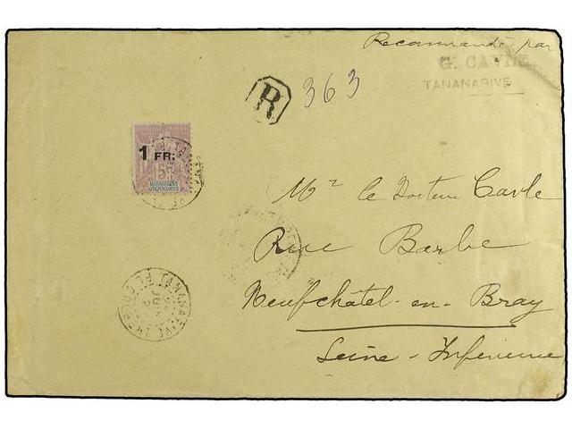 MADAGASCAR. 1921. Registered Envelope To France Bearing 1 Fr On 5 F Violet (Yvert 123) Tied By TANANARIVE Double Ring Wi - Autres & Non Classés