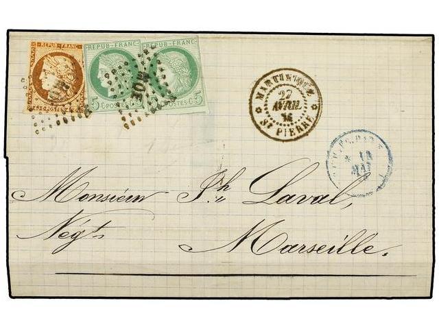 MARTINICA. Ce.13+17. 1876 (April 27). Cover To MARSEILLE Franked By General Issue 1871-77 5. Green On Greenish (2) And 4 - Autres & Non Classés