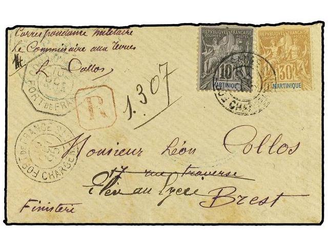 MARTINICA. 1895. Registered Military Mail Envelope To France Bearing 10 C Black (Yvert 35) And 30 C Brown (Yvert 39) Tie - Autres & Non Classés