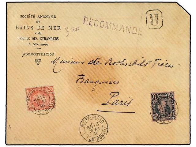 MONACO. 1891(May 31). Registered Cover From Monaco To Paris Franked By 1885 First Issue 15c Rose And 40c Slate Grey On R - Autres & Non Classés