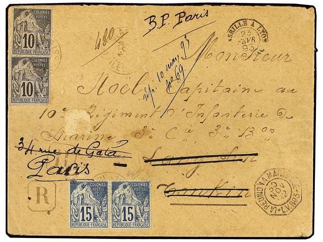 NOSSI-BE. Ce.50+51. 1892. Cover Sent Registered From NOSSI BÉ To LANG SUN (Indochina) Franked By 1881 Dubois 10c. Black - Autres & Non Classés
