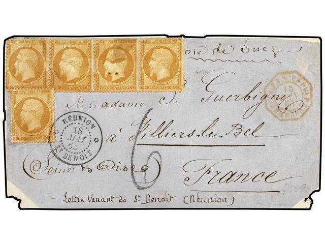 REUNION. 1865 (May 18). Cover Front From St.Benoit To France Franked By France 1862 5x10c Bistre, One Cancelled By Super - Autres & Non Classés
