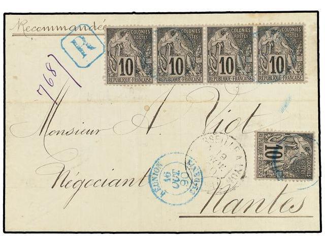 REUNION. 1890 (Oct 16). Registered Cover To NANTES Bearing Single And Horizontal Strip Of Four General Issues 1881 Duboi - Autres & Non Classés