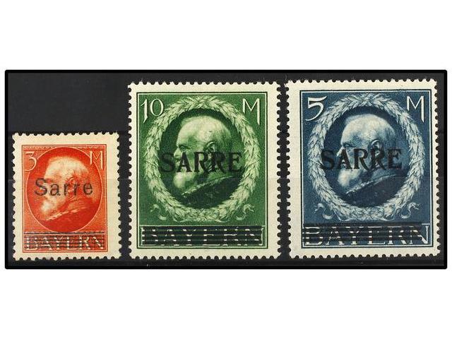 * SARRE. Yv.29/31. 1920. 3 M. Red, 5 M. Blue And 10 M. Green, Hinged. Cert. A. DIENA. Yvert.1.450&euro;. - Autres & Non Classés