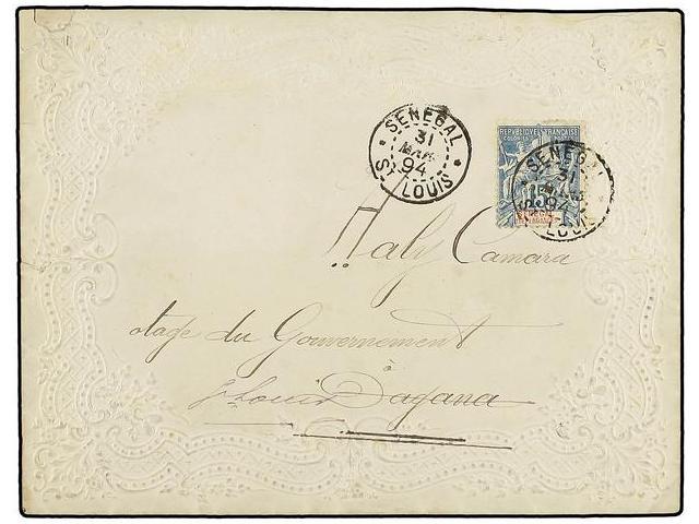 SENEGAL. 1894 (March 31). Embossed Ladies´ Envelope Addressed To Dagana Franked By 1892 15c. Blue Tied By ´St. Louis´ Cd - Autres & Non Classés