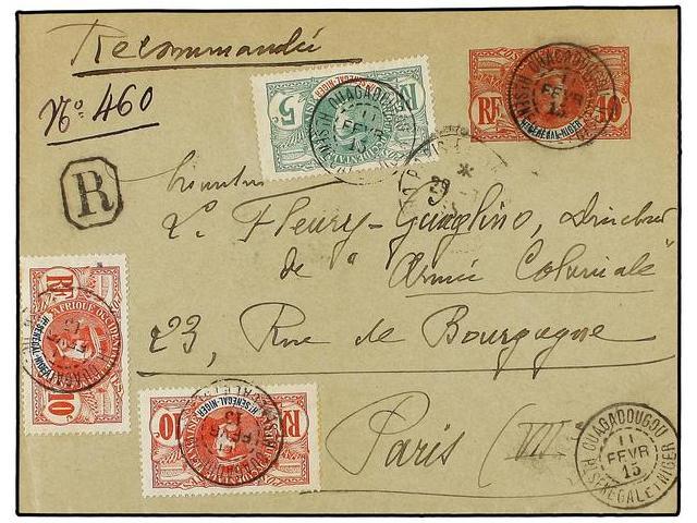 SENEGAL. 1913. CUAGADOUGOU A FRANCIA. Entero Postal De 10 Cts. Rojo Con Franqueo Adicional De 5 Cts. Verde Y 10 Cts. Roj - Autres & Non Classés