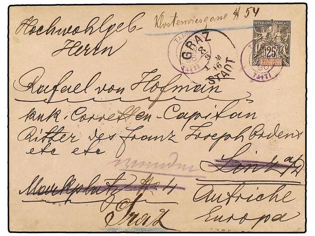 TAHITI. 1896. TAIOHATE (Isles Marquises) To AUSTRIA. 25 Cts. Black And Red Postal Stationary Envelope Cancelled TAIQHAE/ - Autres & Non Classés