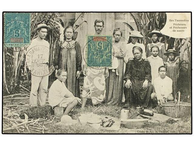 TAHITI. 1905. Postcard (Fisherman On Tuamotou Island) Franked On Front With 1892-99 5c. Green On Greenish (2) Each Tied - Autres & Non Classés