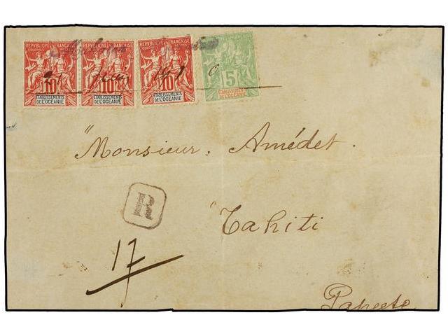 TAHITI. 1910. FRONT ONLY. MAKATEA To TAHITI. Registered Cover Franked With 5 Cts. Green And Three 10 Cts. Red Cancelled - Autres & Non Classés