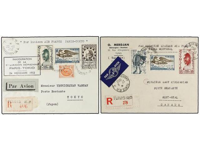 TUNEZ. 1950-52. Dos Cartas Circuladas Por Correo Aéreo En Los Primeros Vuelos PARIS-MONTREAL Y PARÍS-TOKIO. - Autres & Non Classés