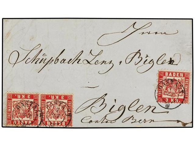 ALEMANIA ANTIGUOS ESTADOS: BADEN. Mi.24 (3). 1870. BASSTATT To BIGLEN (Switzerland). 3 Kr. Red (3). FINE. - Autres & Non Classés