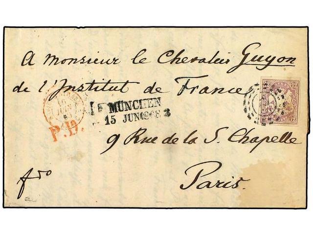 ALEMANIA ANTIGUOS ESTADOS: BAVIERA. 1868 (June 15). Entire Letter To Paris Franked By Imperforate 1867 12kr Lilac Tied B - Autres & Non Classés