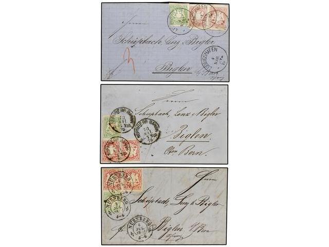 ALEMANIA ANTIGUOS ESTADOS: BAVIERA. 1870. 3 Covers From NURNBERG And LUDWIGSHAFEN To RIGLEN (Switzerland) With 1 Kr. + 3 - Autres & Non Classés