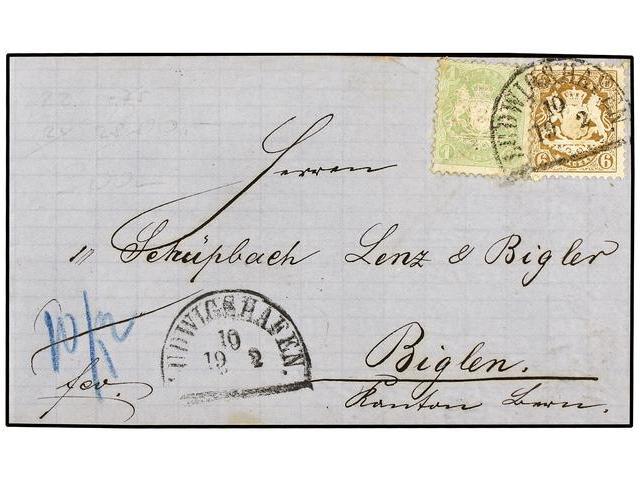 ALEMANIA ANTIGUOS ESTADOS: BAVIERA. Mi.22, 24. 1872. LUDWIGSHAFEN To BIGLEN (Switzerland). 1 Kr. Green And 6 Kr. Bister. - Autres & Non Classés