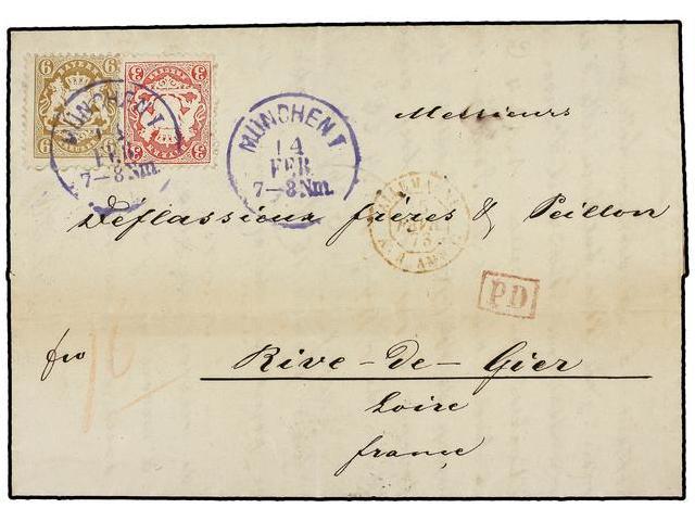 ALEMANIA ANTIGUOS ESTADOS: BAVIERA. 1873. Envelope To France Bearing 3 Kr Rose (SG 53) And 6 Kr Bistre (SG 55) Tied By M - Autres & Non Classés