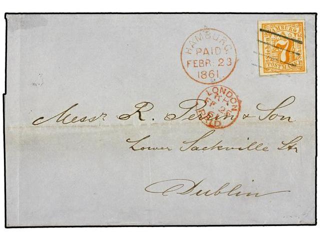 ALEMANIA ANTIGUOS ESTADOS: HAMBURGO. Mi.6. 1861 (Feb 23). Cover To DUBLIN Franked By Fine Imperforate 1859 7sch. Orange - Autres & Non Classés