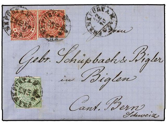 ALEMANIA. Mi.7, 9 (2). 1868. NORHT CONFEDERATION. FRANKFURT To BIGLEN (Switzerland).1 Kr. Green And 3 Kr. Red (2) (one S - Autres & Non Classés