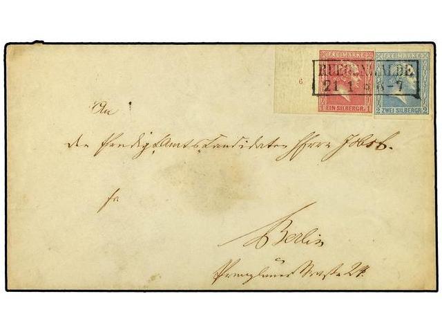 ALEMANIA ANTIGUOS ESTADOS: PRUSIA. (1860 CA). 1sgr. Rose With Full Sheet Margin And ´6´ At Left Used With 2sgr. Blue On - Autres & Non Classés