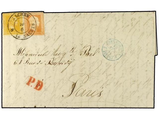 ALEMANIA ANTIGUOS ESTADOS: PRUSIA. 1861. Entire Letter To Paris With 1858-60 ½ Sg. Orange And 3 Sgr. Yellow Tied By Aach - Autres & Non Classés