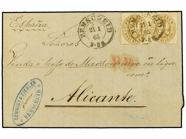 ALEMANIA ANTIGUOS ESTADOS: PRUSIA. 1865 (Jan 21st). Cover From Remscheid To Alicante, SPAIN Bearing Two Rouletted 1861 3 - Autres & Non Classés