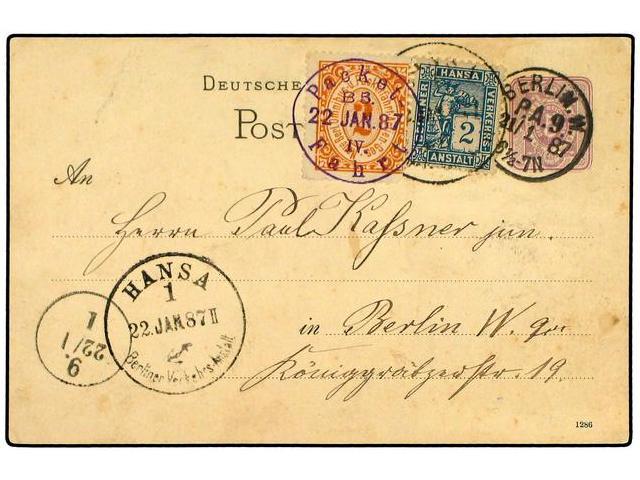 ALEMANIA. 1887 (Jan 21). 5pf Violet Stationery Card Locally Used With Hansa Local Post 2pf Blue And 2pf Orange Packetfah - Otros & Sin Clasificación