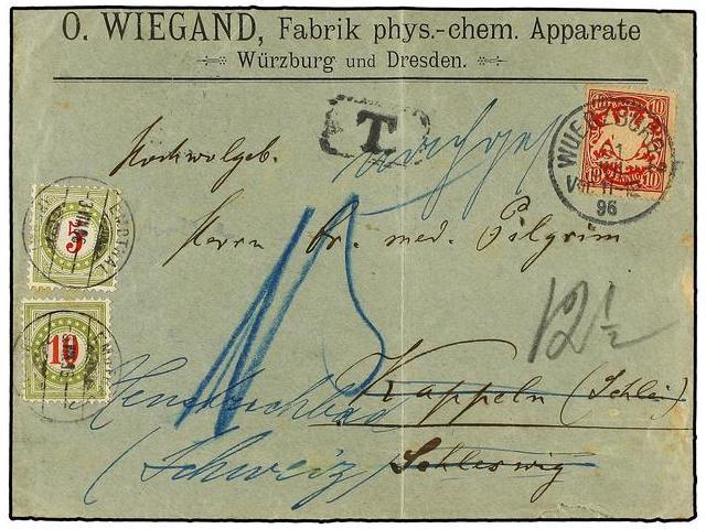 ALEMANIA. 1896. WURZBURG To KAPPELN. 10 Pf. Red Redirected To EMUTHAL (Switzerland) Taxed With Swiss 5 Cts. And 10 Cts. - Autres & Non Classés