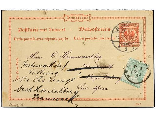 ALEMANIA. 1898 (Jan 7). 10pf+10pf Stationery Reply Cards Used From Braunschweig To Kenhardt, Cape Of Good Hope. On Arriv - Autres & Non Classés